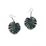 Monstera Earrings, Lightweight Wood Plant Jewelry, Surgical Steel Dangle Clip On Illustrated Tropical Tampa Florida Miami Jungle