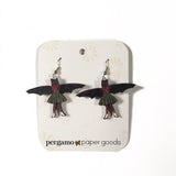 Bat Earrings, Weird Lightweight Wood Jewelry, Surgical Steel Dangle Clip On Illustrated Dressed Up Bat, Goth Earrings