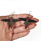 Bat Earrings, Weird Lightweight Wood Jewelry, Surgical Steel Dangle Clip On Illustrated Dressed Up Bat, Goth Earrings