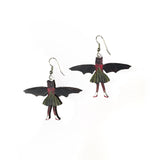 Bat Earrings, Weird Lightweight Wood Jewelry, Surgical Steel Dangle Clip On Illustrated Dressed Up Bat, Goth Earrings