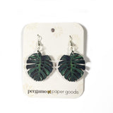 Monstera Earrings, Lightweight Wood Plant Jewelry, Surgical Steel Dangle Clip On Illustrated Tropical Tampa Florida Miami Jungle