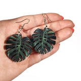 Monstera Earrings, Lightweight Wood Plant Jewelry, Surgical Steel Dangle Clip On Illustrated Tropical Tampa Florida Miami Jungle