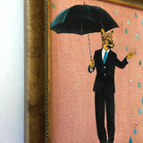 Rain Fox Art, Vintage Animal Mixed Media Painting, Strange and Unusual Collage, Kitschy Cute Inspired Decor, Kitsch Retro Art for Men