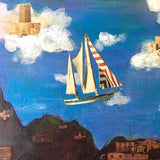 Sailing Abstract Painting, Mountain Landscape Cave Inspired Colorful Mixed Media Art, Collage Wall Painting, Original Acrylic Wall Art
