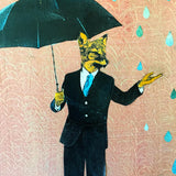 Rain Fox Art, Vintage Animal Mixed Media Painting, Strange and Unusual Collage, Kitschy Cute Inspired Decor, Kitsch Retro Art for Men