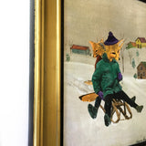 Sled Foxes Art, Vintage Animal Mixed Media Painting, Strange and Unusual Collage, Kitschy Cute Inspired Wall Art, Kitsch Winter Sledding