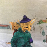 Sled Foxes Art, Vintage Animal Mixed Media Painting, Strange and Unusual Collage, Kitschy Cute Inspired Wall Art, Kitsch Winter Sledding