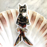 Orange Cat Mermaid Vinyl Sticker - Perfect Crazy Cat Lady Gift! By Pergamo Paper Goods. Vintage Inspired collage art for animal lovers and cat lovers.