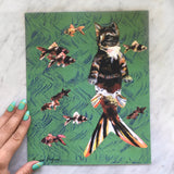 Orange Cat Mermaid Art Print - Weird Cat Art for Vintage Lovers by Pergamo Paper Goods, Vintage Inspired Collage Art for Animal Lovers