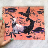 Goat Mermaid Capricorn Art Print - Mixed Media Zodiac Art by Pergamo Paper Goods. Vintage Inspired Collage Art for Animal Lovers www.pergamopapergoods.com