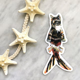 Orange Cat Mermaid Vinyl Sticker - Perfect Crazy Cat Lady Gift! By Pergamo Paper Goods. Vintage Inspired collage art for animal lovers and cat lovers.