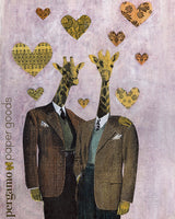 Illustration of two retro giraffe men, dressed up and surrounded by hearts. Giraffes in suits. Gay art print, Gay marriage gift, gay wedding gift, lgbtq gift. Unique Gay Art - Giraffe Love Art Print - LGBTQ Gifts for Animal Lovers by Pergamo Paper Goods
