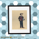 Framed picture of a dog drinking coffee. Dressed up dog looks off in the distance. Mixed media. Mixed Media Animal Art for Dog Lovers - Coffee Dog Art Print Illustration