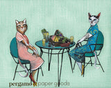 Mixed media illustration of two cats having a picnic lunch. Retro illustration. Mixed Media Art for Cat Lovers - Lady Cats Art Print - Lesbian Art by Pergamo Paper Goods