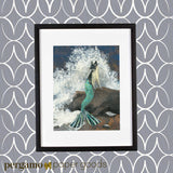 Retro art print of a mermaid cat, Mermaid Cat Art, Cat Mermaid Art, Mixed Media Cat Illustration, Mixed Media Mermaid IllustrationArt for Cat Lovers and Gifts for Cat Moms - Mermaid Cat Art Print www.pergamopapergoods.com