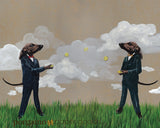 Illustration of two dachshunds dressed in suits, throwing a ball. Vintage feel. Dog art, dachshund art. Vintage art. Funny Mixed Media Art for Dog Lovers - Dapper Dachshunds Art Print by Pergamo Paper Goods