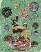 Mixed media pug illustration, Pug is on a donut and is surrounded by donuts on a green patterned background. Art for sale. Weird Wall Art for Pug Lovers - Mixed Media - Donut Pug Art Print by Pergamo Paper Goods