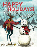 Illustrated holiday card, deer holiday card, unique holiday cards for animal lovers, animal holiday cards, indie holiday cards, independent artist cards. Illustrated Holiday Cards for Animal Lovers-  Snowman Deer Cards by Pergamo Paper Goods