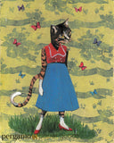 Collage art of a cat wearing a retro outfit, on a yellow background, with butterflies. Retro Art for Cat Moms - Vintage Cat Art - Butterfly Cat Art Print by Pergamo Paper Goods