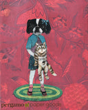 Mixed media illustration of a dressed up dog and cat, Vintage dressed up dog, anthropomorphic dog, Quirky animal art, Animal Friends Art, Japanese Chin Art, Dog Lover Gift, Animal Lover Gift by Pergamo Paper Goods