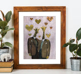 Unique gay art, giraffe love, gay giraffe art, giraffe gift, dapper giraffe men, gay wedding gift, gay marriage gift, gay anniversary gift. Unique Gay Art - Giraffe Love Art Print - LGBTQ Gifts for Animal Lovers by Pergamo Paper Goods