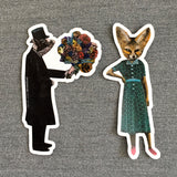 Illustrated pig sticker and illustrated fox sticker. Sassy fox, gentleman pig, dressed up animals. Sassy fox laptop sticker, retro dressed up fox sticker, handmade vinyl sticker, fox vinyl sticker www.pergamopapergoods.com