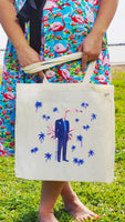 Girl holding retro tote bag, retro flamingo illustration on tote. Organic cotton tote. Artists tote
