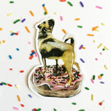 Pug Sticker. Pug Donut Sticker. Mixed Media Pug Illustration, sticker surrounded by sprinkles