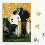 Illustration of gay dolphins dressed up in a garden as a greeting card. Mixed media illustration. You're My Favorite.