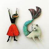 Animal Magnet Set, Alligator and Mermaid Cat Refrigerator Magnets Fridge, Illustrated Laser Cut Wood, Weird Art Gifts, FL Florida Souvenir by Gianna Pergamo, Pergamo Paper Goods www.pergamopapergoods.com.
