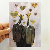 Handmade illustrated card. Illustrated gay card. Illustrated gay love card. Gay giraffe art.