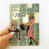 Illustrated greeting card with text, For a Fabulous Mom. Retro mom card, retro mothers day card, fox card, handmade fox card