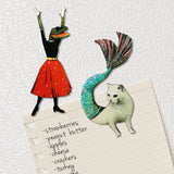 Animal Magnet Set, Alligator and Mermaid Cat Refrigerator Magnets Fridge, Illustrated Laser Cut Wood, Weird Art Gifts, FL Florida Souvenir by Gianna Pergamo, Pergamo Paper Goods www.pergamopapergoods.com.
