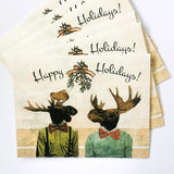 Set of gay Christmas cards featuring a moose couple under mistletoe, text reads happy holidays. Gay moose, love moose cards