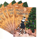 Six holiday cards, dressed up cat with a Christmas tree, text reads Happy Holidays
