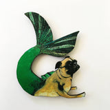 Unique Handmade Gifts for Pug Lovers - Illustrated Mermaid Pug Magnet www.pergamopapergoods.com