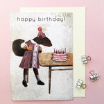 Squirrel Birthday Card, Squirrel blowing out birthday cake -Vintage Inspired Mixed Media Art - Squirrel Happy Birthday Card by Pergamo Paper Goods