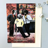 Dog illustration, three dressed up dogs holding drinks. Dog greeting card.