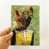 Hand holding retro greeting card, Retro animal greeting card,
