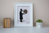 Lifestyle photo of framed art print of a dressed up pig holding a bouquet. Retro art, pig art, animal lover art by Pergamo Paper Goods