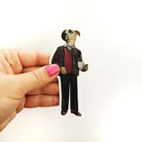 Holding a dog laptop sticker. Dog with coffee. Retro dog sticker.