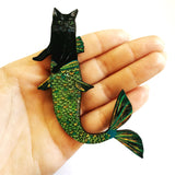 Handmade Gifts for Cat Lovers - Black Cat Mermaid Wooden Magnet www.pergamopapergoods.com