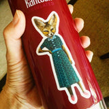 Fox sticker on water bottle. Dressed up fox sticker, fox vinyl sticker, fox laptop sticker Sassy fox laptop sticker, retro dressed up fox sticker, handmade vinyl sticker, fox vinyl sticker www.pergamopapergoods.com