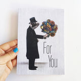 Dressed Up Pig Holding Flowers Greeting Card, Text reads "For You"