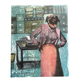Signed Art Print, Mixed Media Dressed Up Dog in an Office Wearing Pink by Pergamo Paper Goods