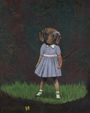 Mixed Media Illustration of a Dachshund in a Purple Dress on a Dark Background. Dachshund Art, Dog Art. Mixed Media Playful Art for Dog Lovers - Dachshund Girl Art Print - 8x10" art by Pergamo Paper Goods