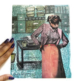 Retro Collage Art of Dressed Up Dog, Hand for size reference by Pergamo Paper Goods