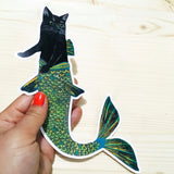 Black Cat Mermaid Sticker, High Quality Stickers Laptop, Best Cat Vinyl Decals, Durable Mermaid Cat Stocking Stuffer, Surreal Phone Macbook