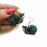 Weird Cat Earrings, Snail Jewelry, Kitschy Cat Lover Gifts, Funny Jewelry, Kitsch Cat Mom Gift, Illustrated Laser Cut Wood, Clip Ons Cats