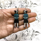 Boston Terrier Earrings, Weird Earrings, Laser Cut Wood Dog Jewelry, Surgical Steel Boston Terrier Jewelry, Illustrated Dressed Up Dog by Pergamo Paper Goods